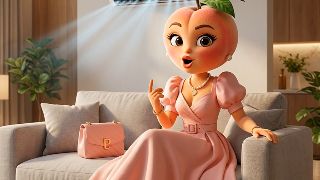 Create a vertical 9:16 cinematic video for social media.

Continue with the same beautiful anthropomorphic female Peach character from the previous scenes.

🍑 Peach is sitting elegantly on a comfortable sofa in a modern cool living room. The camera is placed in front of her. She looks directly into the camera with a charming, confident, playful expression.

She has a slightly mischievous smile, a small evil eyebrow raise, and a funny victorious attitude.

The EUROICE air conditioner is clearly visible in the background, showing the cool and comfortable atmosphere.

Peach speaks only Persian with perfect lip sync:

«ممنون از کولر گازی یوروآیس که باهاش تونستم انتقامم رو از خانم پیاز و آقای پرتقال بگیرم!»

After finishing the sentence, she looks at the camera and laughs loudly in a funny playful evil way:

«هاهاهاهاها!»

Keep the video vertical 9:16, optimized for Instagram Reels. Pixar-quality 3D animation, realistic peach texture, cinematic lighting, expressive facial animation, natural Persian voice, humorous commercial style.

No subtitles, no text on screen. in a cinematic scene with professional lighting, shallow depth of field, and movie-quality visual effects