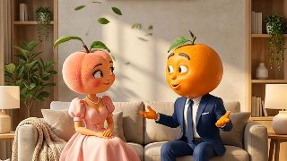 Create a 5-second vertical (9:16) cinematic animation.

Use the uploaded Peach and Orange reference images as the exact character references.
Keep both characters IDENTICAL to the reference images.
Do NOT change their faces, fruit shapes, textures, colors, clothes, proportions, or personalities.

They are NOT humans. They remain cute animated fruits with realistic fruit textures and fruit-shaped bodies.

The EUROICE air conditioner is ON, gently cooling the room.

Scene:
Inside a modern living room. Peach and Orange are sitting comfortably next to each other on the sofa, enjoying the cool air. The curtains move gently, the room looks fresh and comfortable, and both characters are smiling with relief.

🍊 Orange says in Persian:
«وای... هوا چقدر خوب شد!»

Orange then looks toward the front door and says with a smile:

«پس برم در باز کنم ، خانم پیازم بیاد داخل !»

Peach smiles and nods in agreement.

Camera:
Medium shot of Peach and Orange, then a slight pan toward the front door.

Style:
Pixar-quality 3D animation, realistic fruit textures, cinematic lighting, smooth animation, premium commercial quality, 4K.

No subtitles, no captions, no text on screen.

Avoid:
Changing the characters, human faces, human bodies, blurry image, distorted fruits, low quality, watermark. in a cinematic scene with professional lighting, shallow depth of field, and movie-quality visual effects